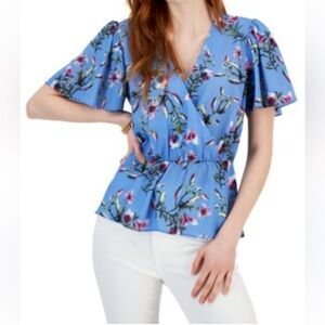 I.N.C. International Concepts . Flutter sleeves, Floral Blue Faux Wrap Top.Sz XL